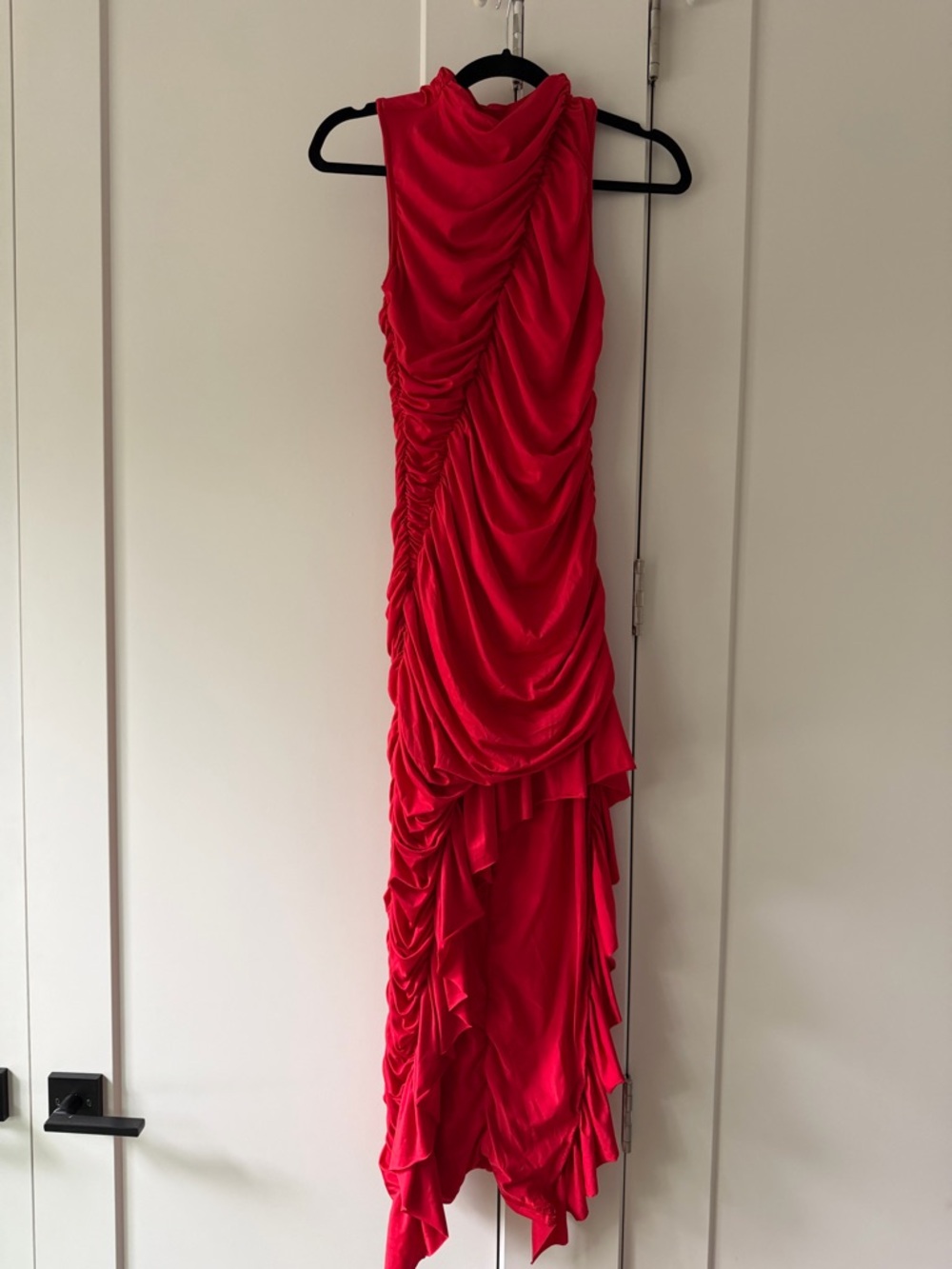 Red Ruched Asymmetric Evening Dress